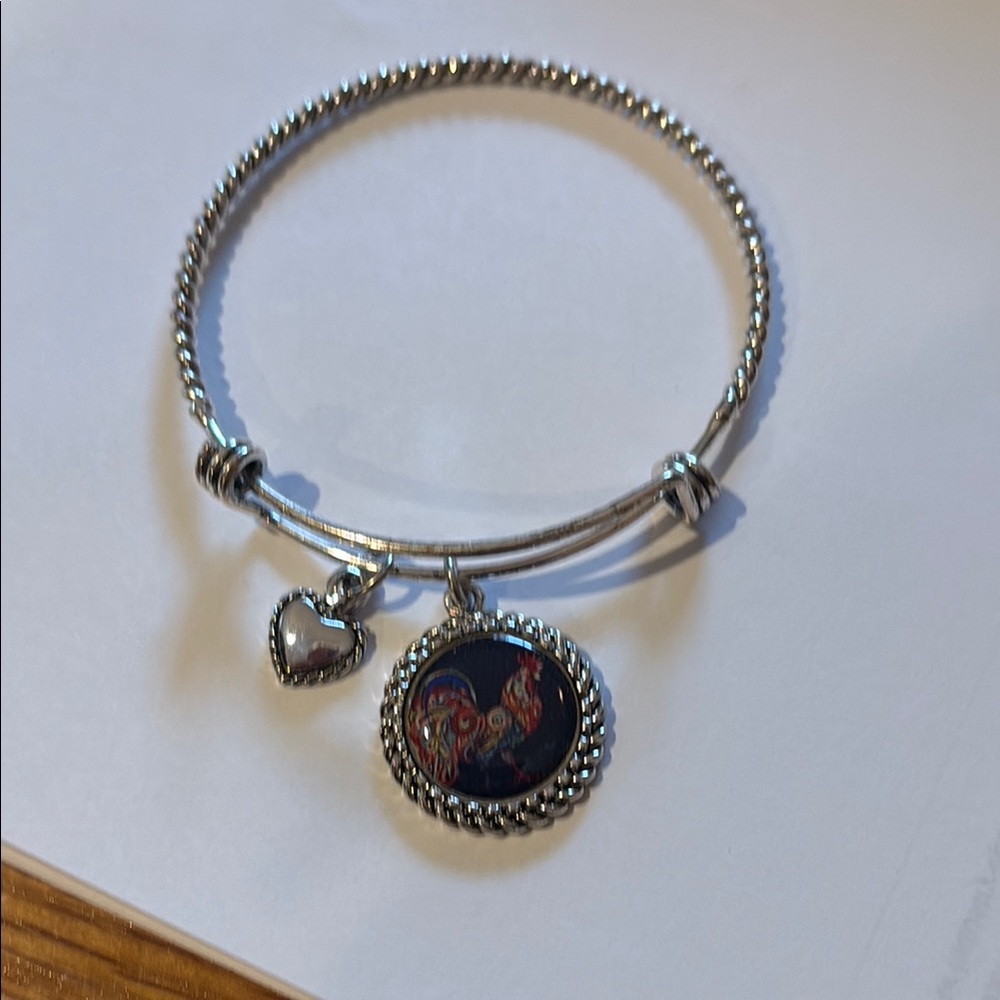 Silver Charm Bracelet with Heart and Rooster Pendant